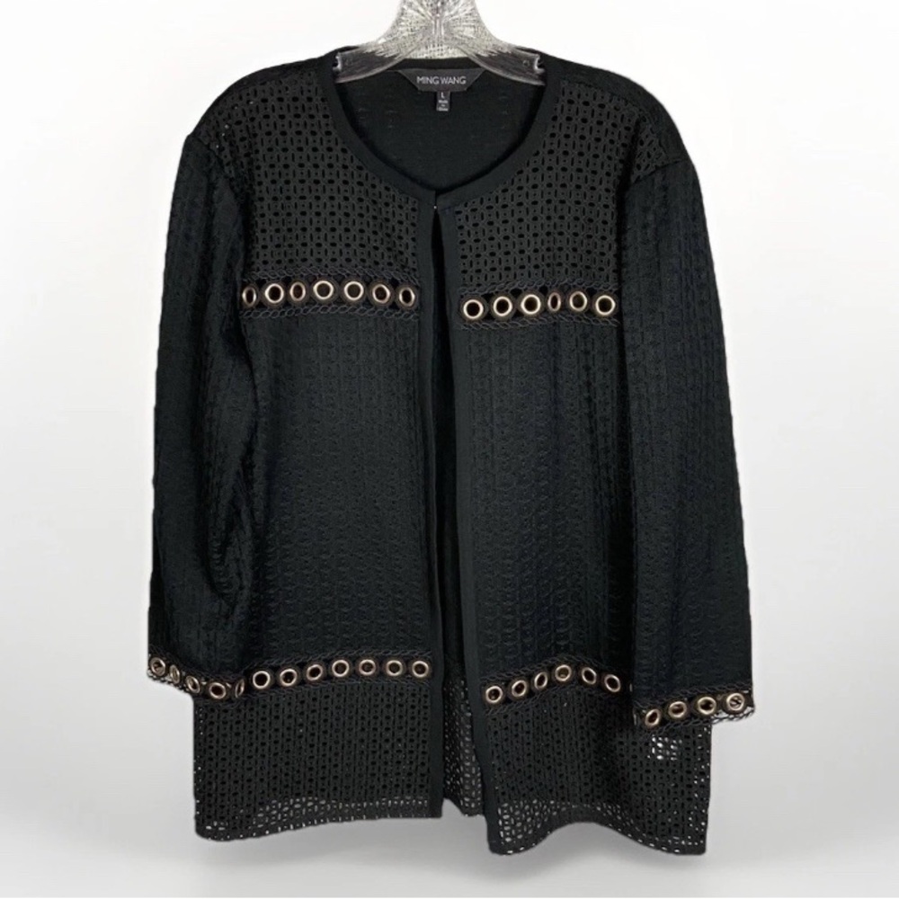 Ming Wang Sweater Cardigan Womens L Eyelet Panels Professional Classic Old Money - Picture 2 of 16